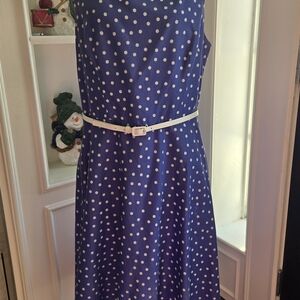 Classic Navy Polka Dot Midi Dress with Belt